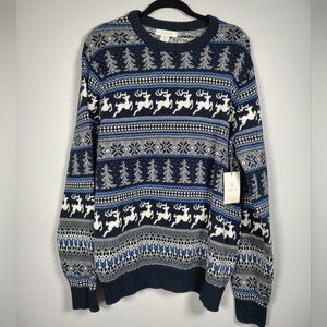 Aspen NWT Men's Festive Reindeer Crewneck Sweater Blue White 100% Cotton Size L
